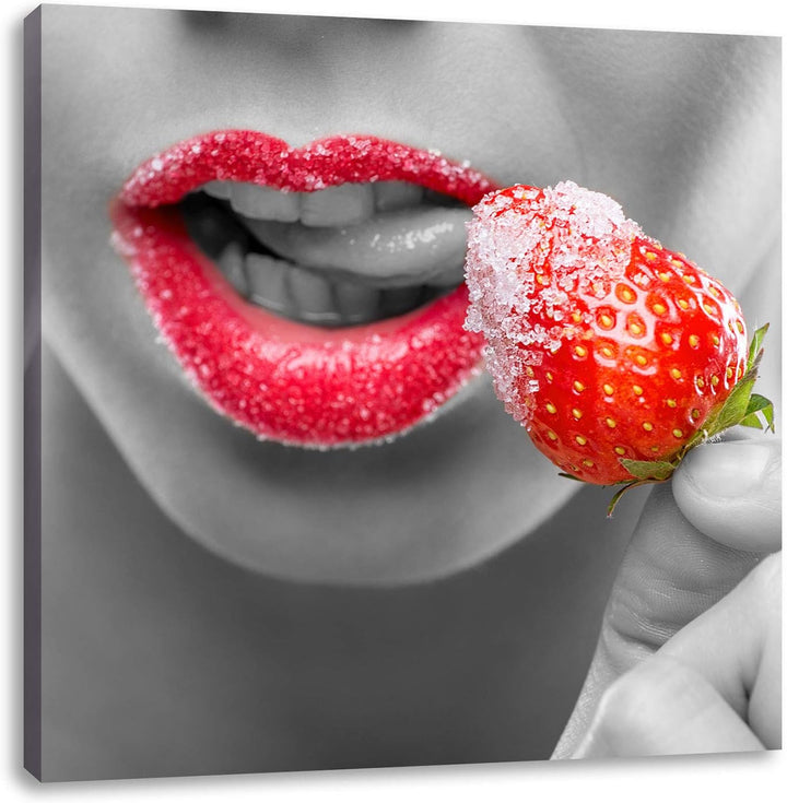 Pixxprint Erdbeere mit Zucker schwarz/weiss, Format: 70x70 auf Leinwand, 70x70