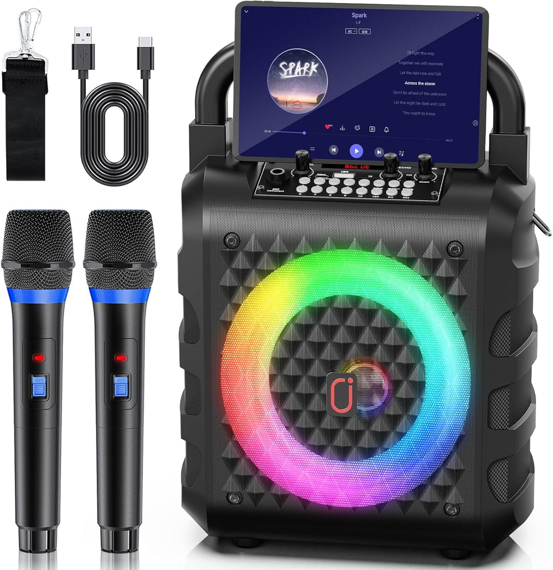 HWWR Karaoke Maschine mit 2 drahtlosenMikrofones, Tragbaren Bluetooth Lautsprecher, Karaoke Anlage f