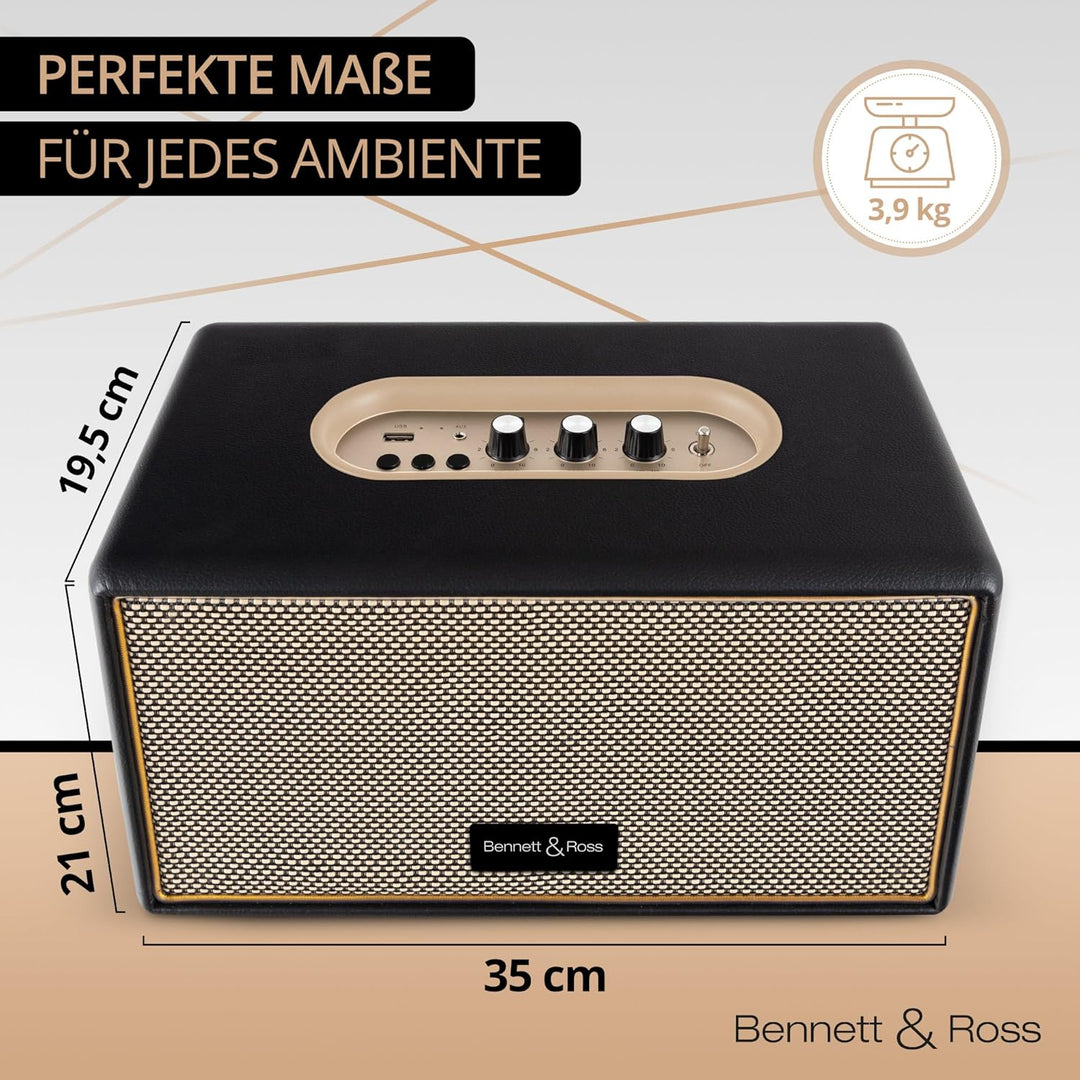Bennett & Ross BB-860BK Blackmore - Retro Bluetooth Lautsprecher in Lederoptik - Vintage Speaker mit