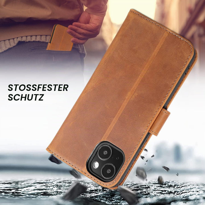 LENSUN Echtleder Hülle für iPhone 13 5G, Handyhülle [Echtes Leder][Magnetverschluss][RFID Schutz] Ha