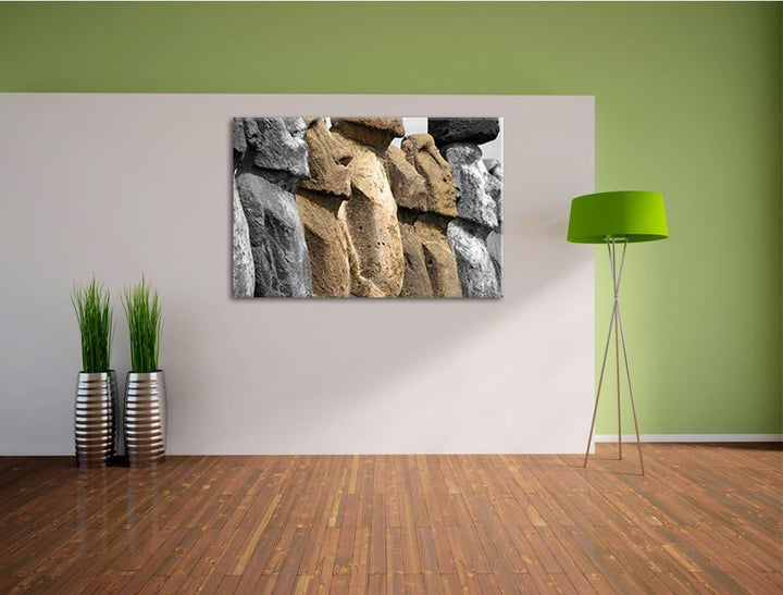 Moai Statuen Detailansicht schwarz/weiss Format: 100x70 auf Leinwand, XXL riesige Bilder fertig gera