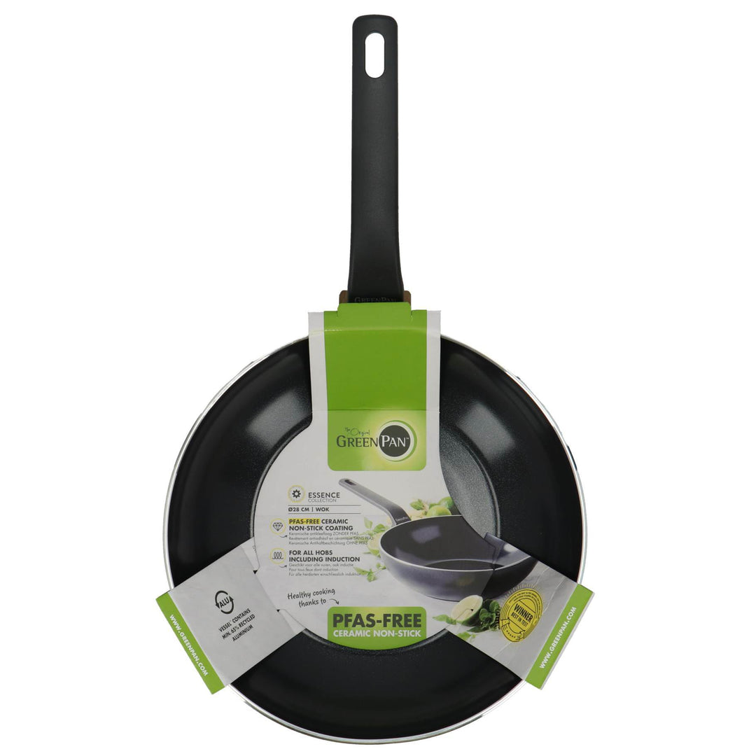 GreenPan Essence Wok 28 Cm/3,69 L, Keramik-Antihaftbeschichtung Ohne PFAS, Für Asiatische Küche Und