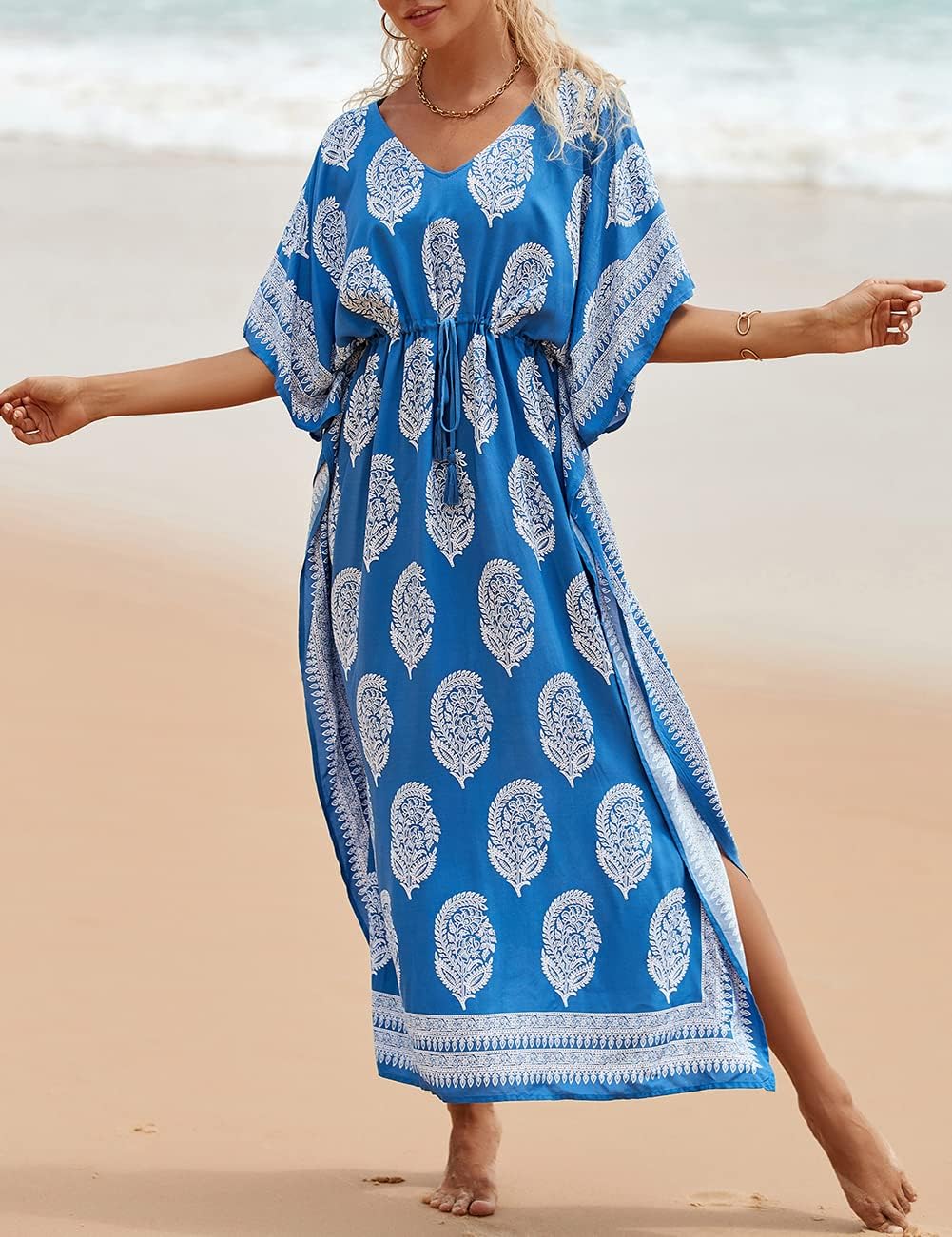 Bsubseach Damen Beachwear Türkische Kaftans Lange Strandkleid Caftan Beach Dress Blau 2, Blau 2