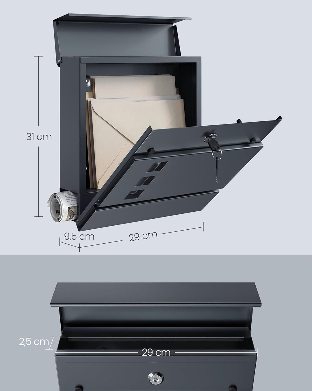 SONGMICS XL Briefkasten, Postkasten mit Zeitungsfach, 9,5 x 29 x 31 cm, Aufkleber gegen unerwünschte