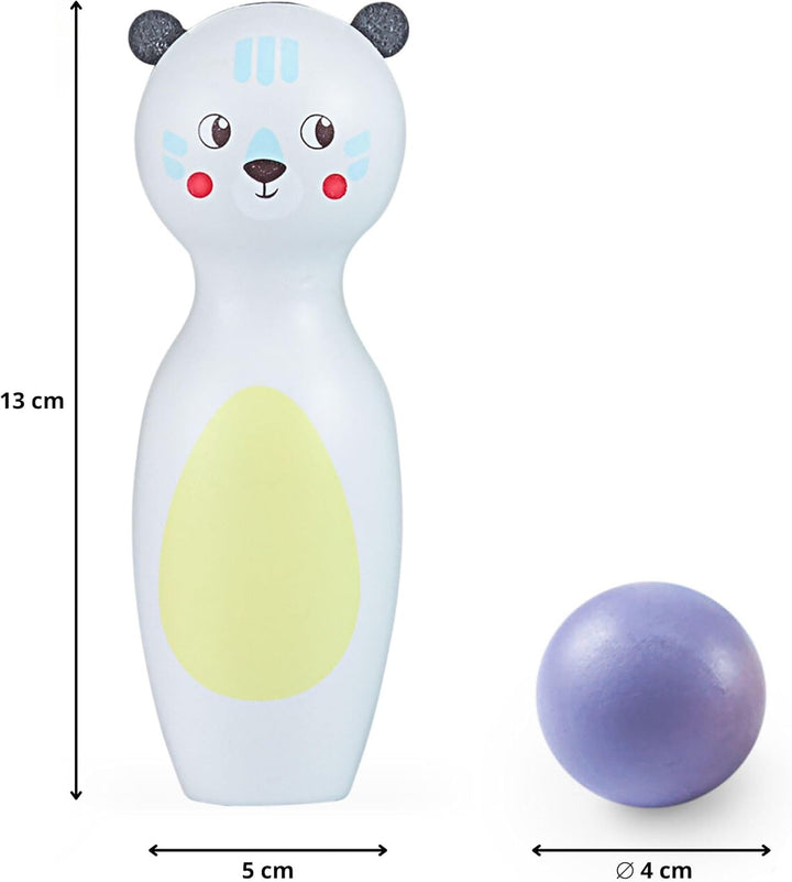 Mamabrum Holz-Bowling-Set für Kinder – Tierfiguren, Motorikspielzeug, 6 Kegel und 4 Kugeln, langlebi