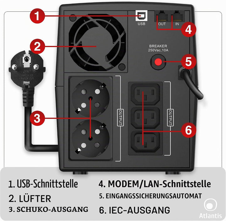 Atlantis A03-HP1503 Unterbrechungsfreie Sinuswelle 1200VA 720W Line Interactive, LCD-Display, USB-HI