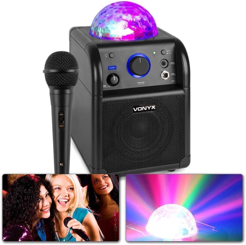Vonyx SBS50P Karaoke Box mini Blockrocker Lautsprecher, Karaoke Maschine mit 1 Mikrofon und Akku Mus