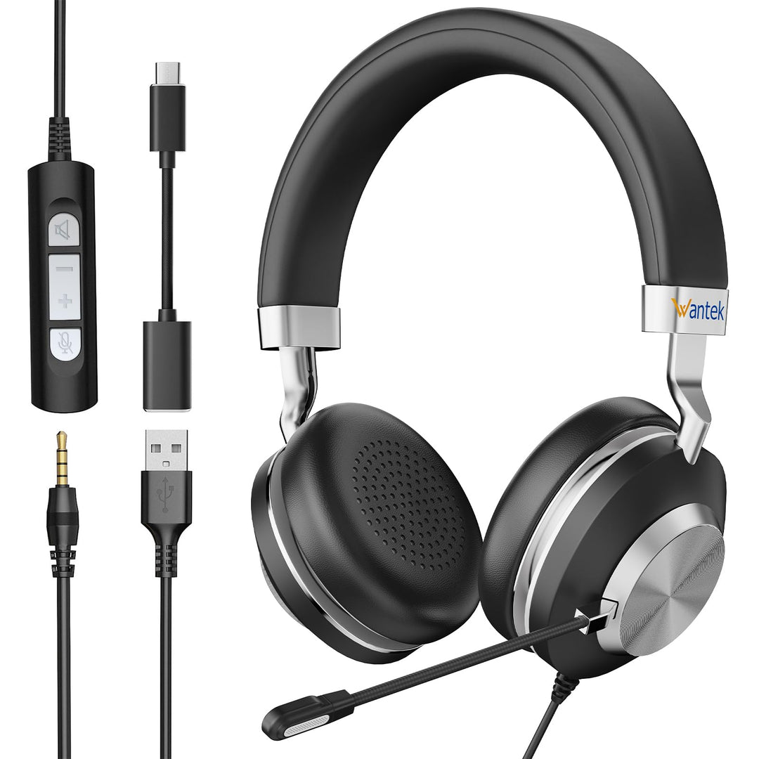 Wantek USB Headset mit Mikrofon für Laptop,PC kabelgebundene Kopfhörer 3-in-1 (USB-A/Typ-C/3,5 mm) m