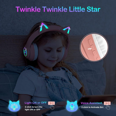 LOBKIN Bluetooth 5.3 Kinder Kopfhörer mit Tasche - RGB LED-licht Katzenohren Faltbare Stereo Headset