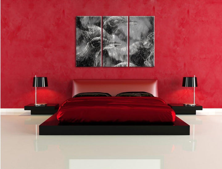 Pixxprint Vogel Phönix Collage Kunst / 3-Teilig/Gesamtmass 120cm Leinwandbild bespannt auf Holzrahme