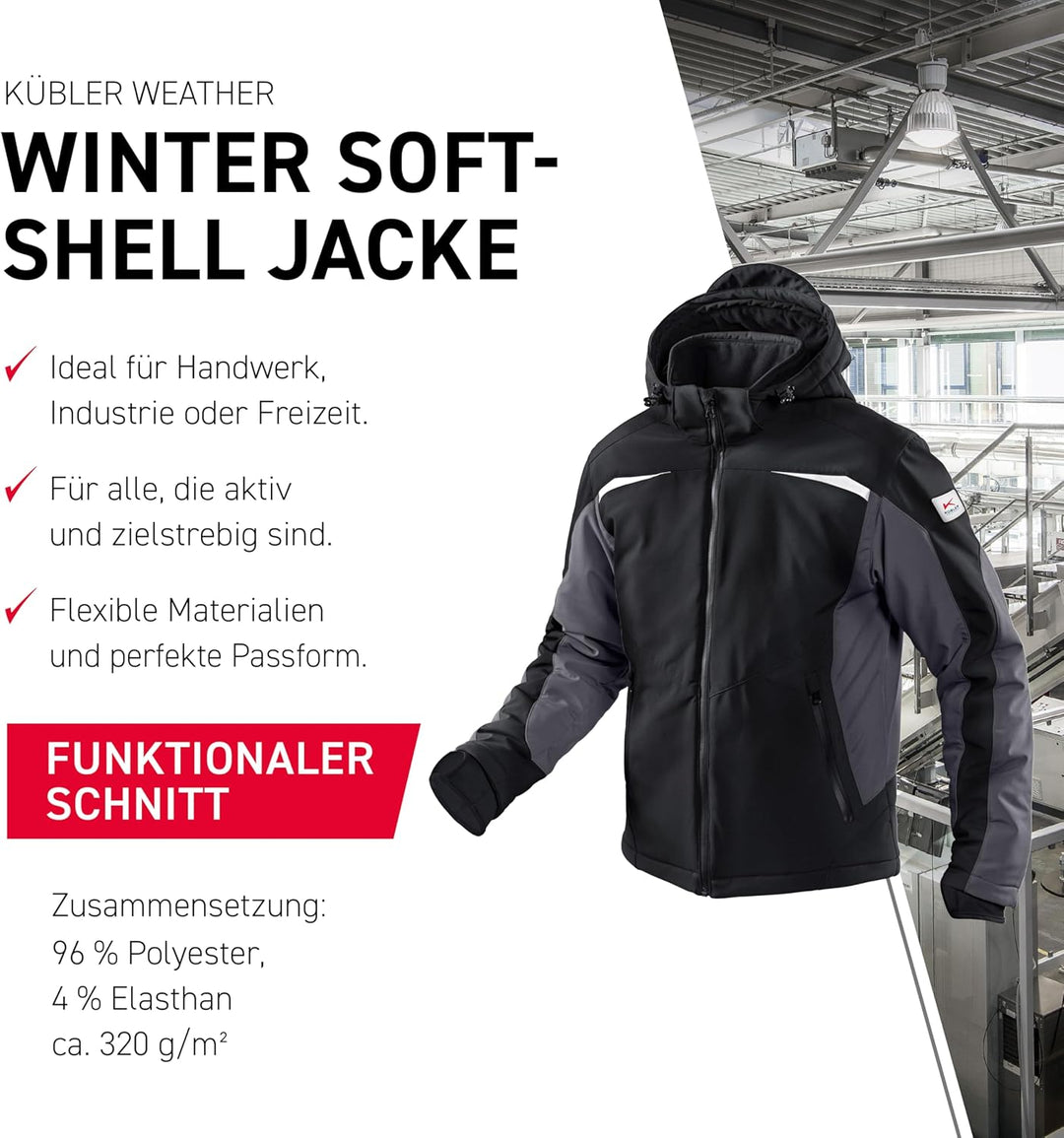KÜBLER Workwear KÜBLER WEATHER Softshelljacke schwarz, Grösse M, Unisex-Arbeitsjacke aus Mischgewebe