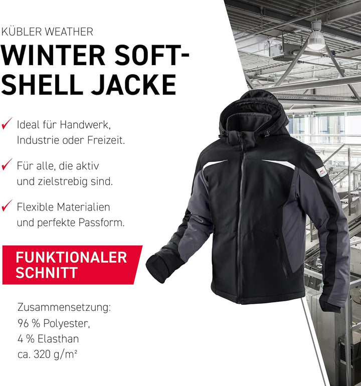 KÜBLER Workwear KÜBLER WEATHER Softshelljacke schwarz, Grösse M, Unisex-Arbeitsjacke aus Mischgewebe