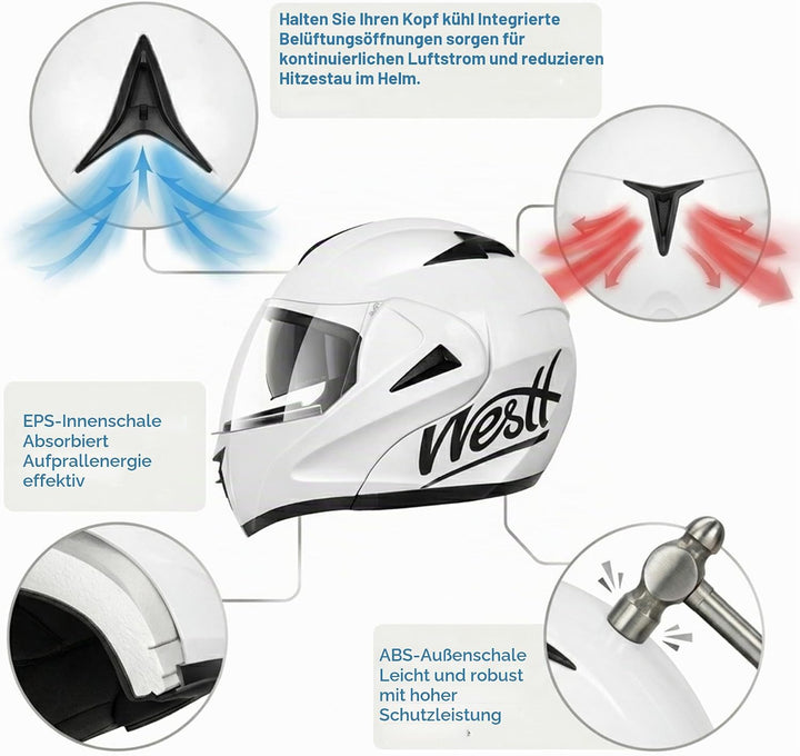 Westt Motorradhelm Herren Damen Integralhelm Klapphelm Flip-up Motorrad Jethelm Chopper Mofa Moped R