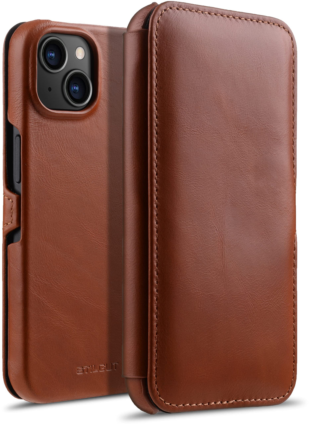 STILGUT Book Case kompatibel mit iPhone 14 (6.1“) Hülle aus Leder mit Clip-Verschluss, Klapphülle, H