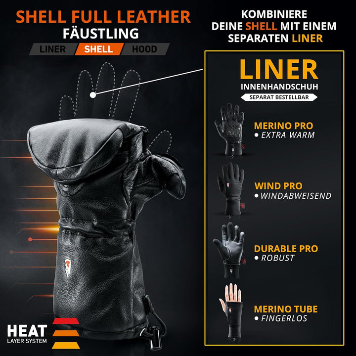 THE HEAT COMPANY Shell Full Leather Handschuhe - Die Innovation: Extra warme Leder Fäustlinge zum Um