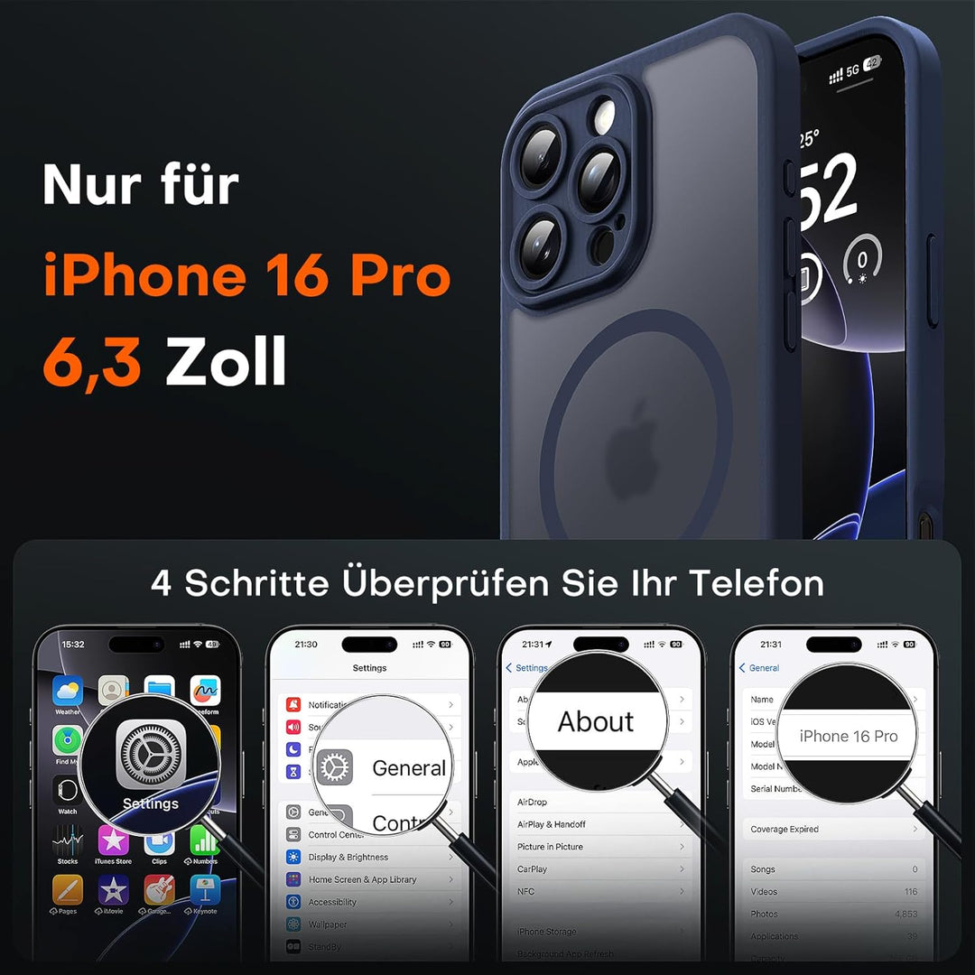 TOCOL 3 in 1 für iPhone 16 Pro Hülle für Magsafe, mit 2 Schutzglas, Vollständiger Kameraschutz Stoss