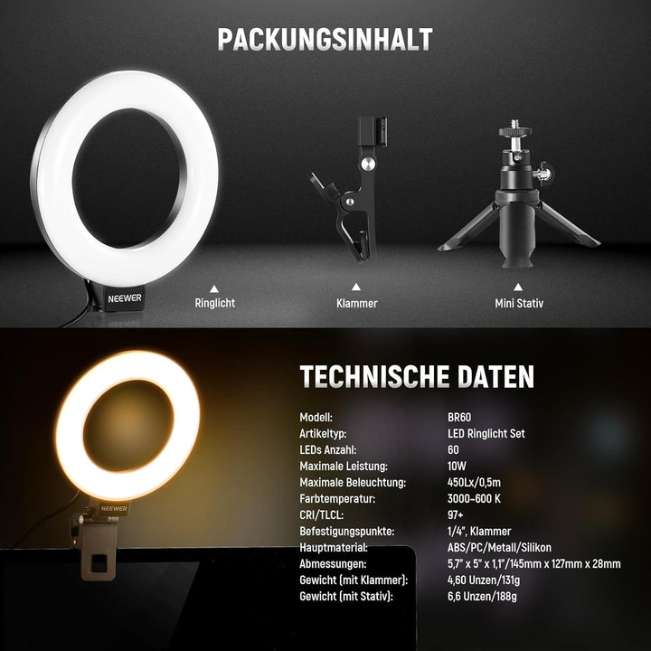 NEEWER Basics 5" Ringlicht mit Mini Stativ Ständer für Tisch Videokonferenz Licht, Clip on Streaming