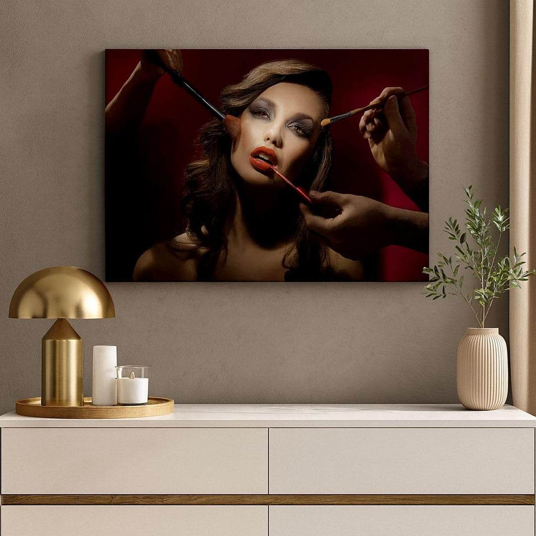 Bilder auf Leinwand 100x70cm Leinwandbild mit Rahmen Frau Make-up schön Gross Wanddeko Bild Schlafzi