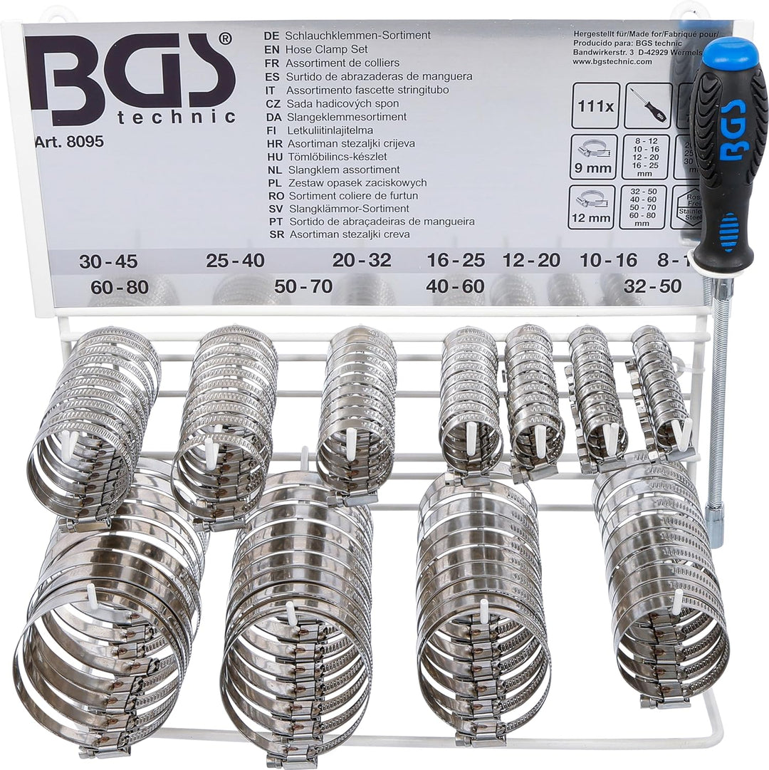 BGS 8095 | Schlauchklemmen-Sortiment | 111-tlg. | rostfrei | Ø 12 - 20 mm | Schlauchschellen | Rohrs