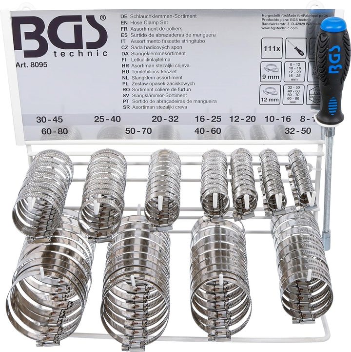 BGS 8095 | Schlauchklemmen-Sortiment | 111-tlg. | rostfrei | Ø 12 - 20 mm | Schlauchschellen | Rohrs