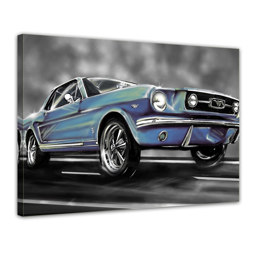 Bilderdepot24 Bild auf Leinwand | Mustang Graphic - blau in 80x60 cm als Wandbild | Wand-deko Dekora
