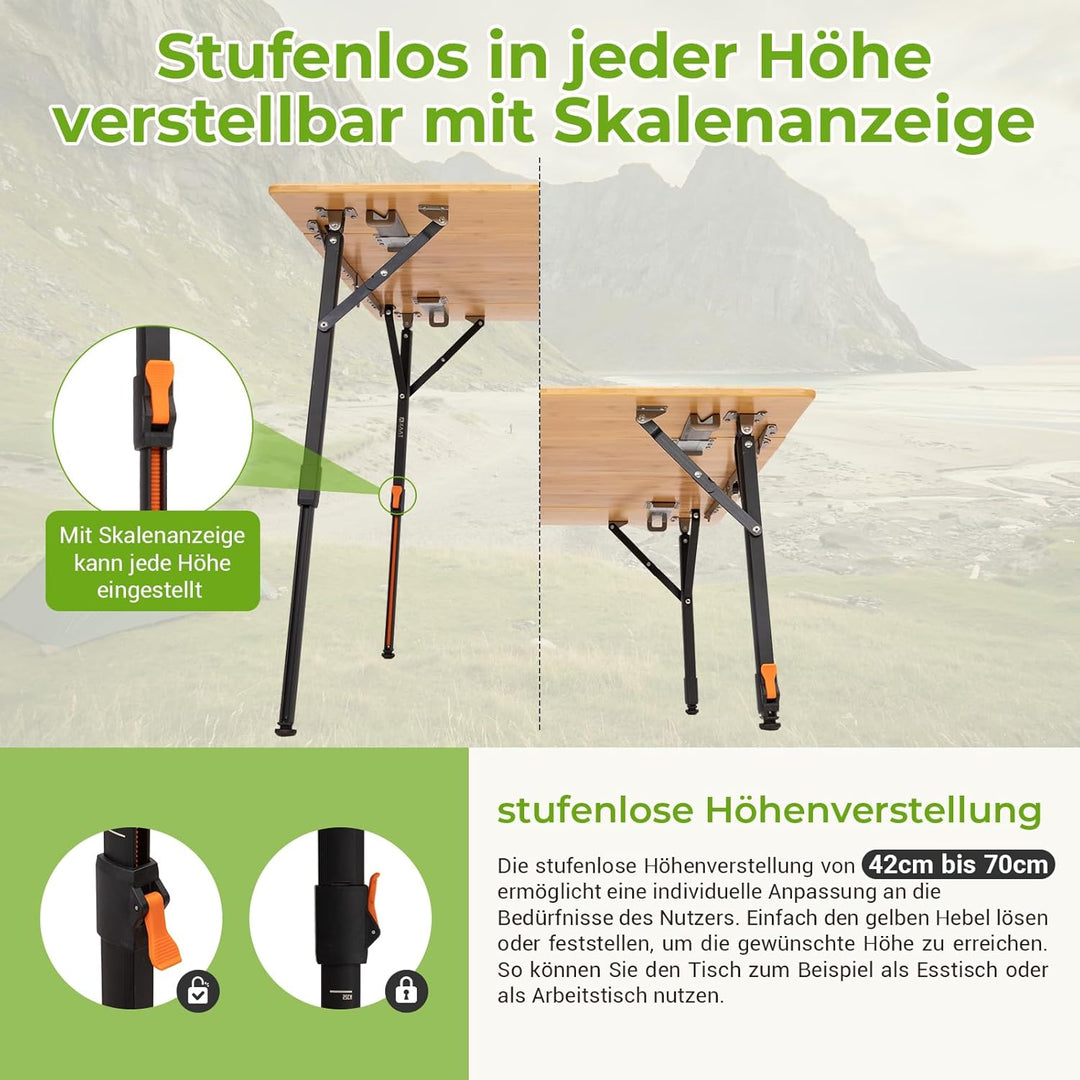 KingCamp Campingtisch Bambus 80 x 60 cm Klapptisch höhenverstellbar 42~70cm für 2-4 Personen 4 Falte