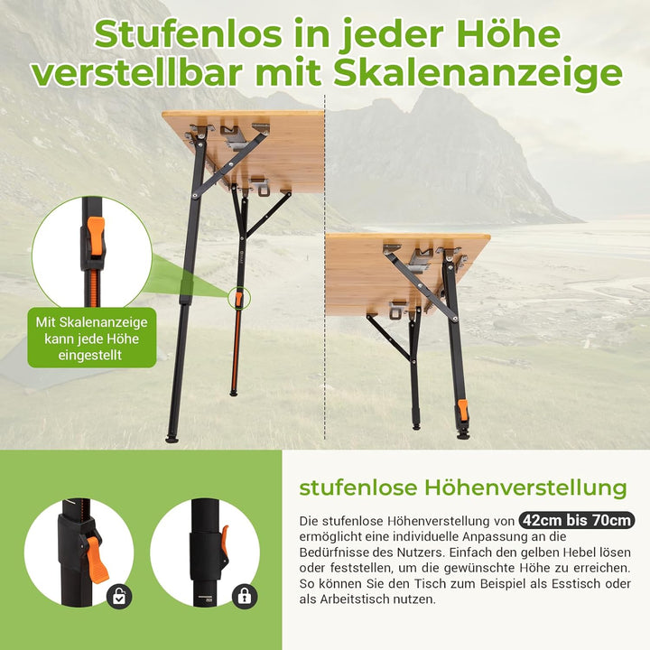 KingCamp Campingtisch Bambus 80 x 60 cm Klapptisch höhenverstellbar 42~70cm für 2-4 Personen 4 Falte