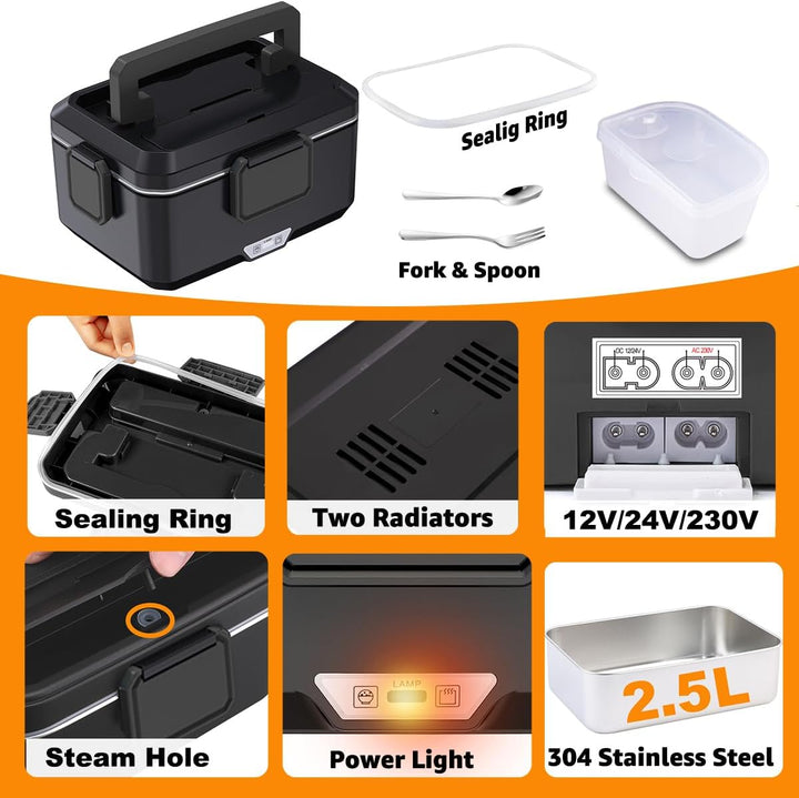 Kimfead Elektrische Lunchbox 80W 2,5L Edelstahl Entnehmbare Tragbarer brotdose 12V/24V/230V Insulate