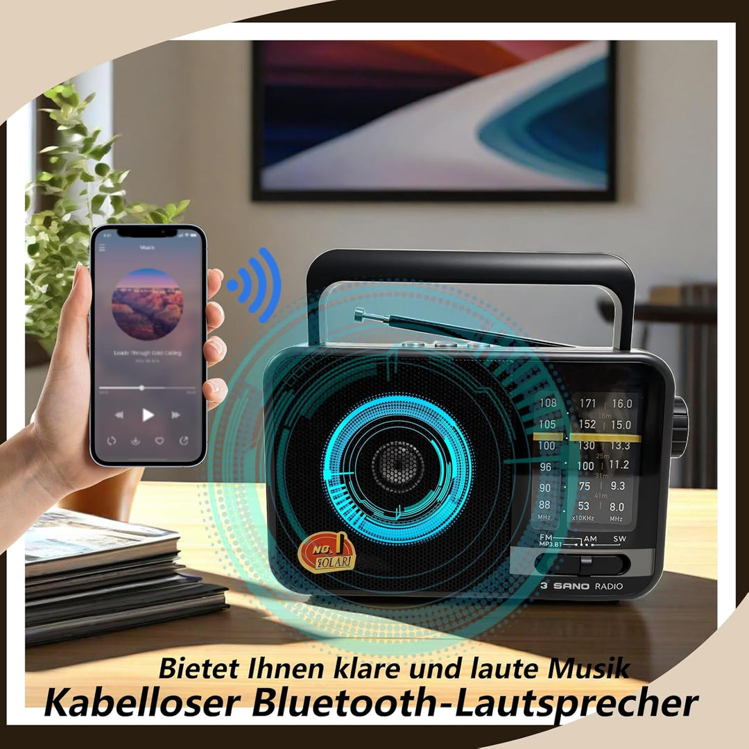 Bluetooth Radio Klein mit Solarzelle und 1200mAh-Batterie, AM/FM/SW Empfänger mit 8W Lautsprecher/TW