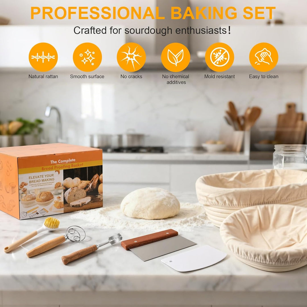 Gärkorb Brot Set, Komplettset Brot Backen Zubehör inkl. Brotgärkorb (23cm rund & 25cm oval), Teigsch