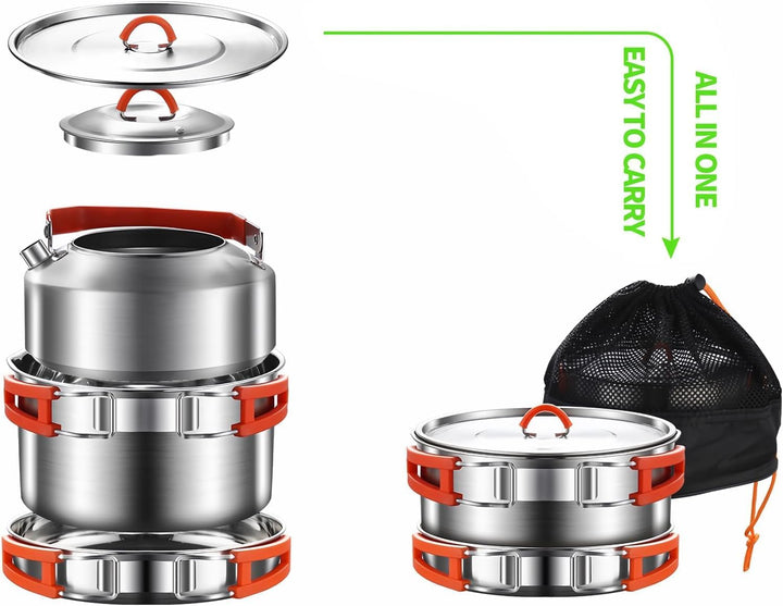 Camping Kochset, Camping Kochgeschirr Set, 304 Edelstahl Camping Töpfe und Pfannen Set, beinhaltet T