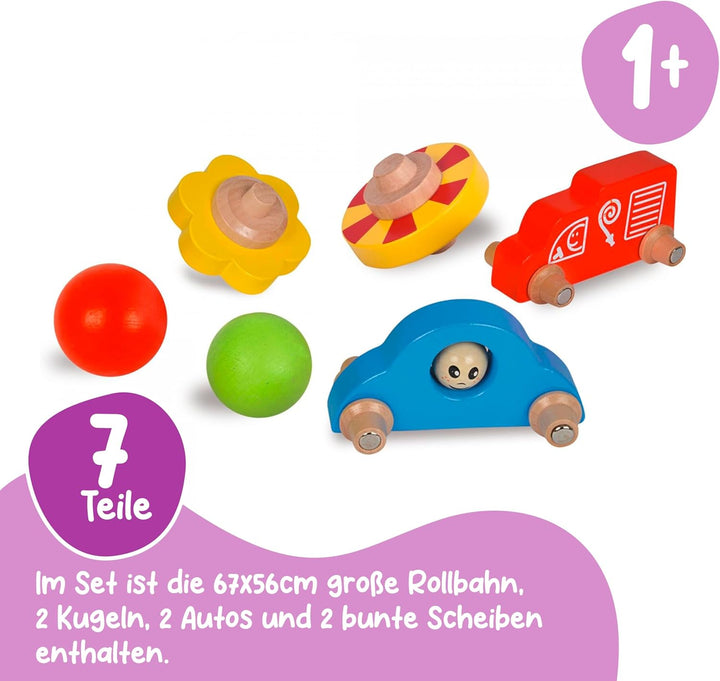 Eichhorn 100002029 Grosse Rollbahn aus Kiefernholz, 7-teilig, mit 6 Rollelementen, Kugelbahn für Kin