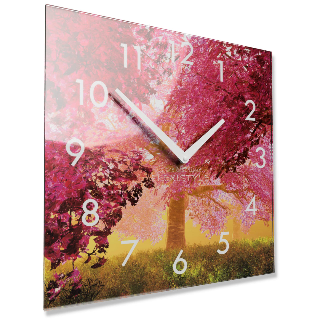 FLEXISTYLE Wanduhr küche Wohnzimmer 30 x 30 cm, aus Glas, mit Direktdruck eckig modern (BLÜHENDER Ba