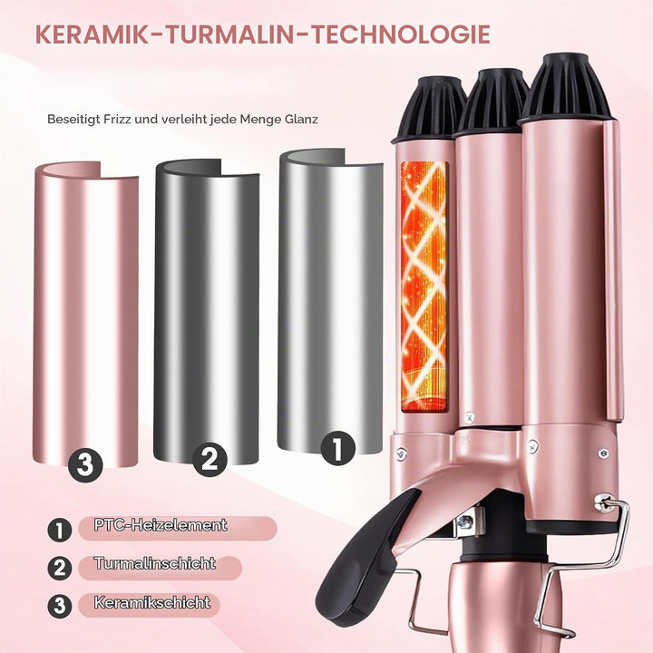 Lockenstab 3 Fässer, Welleneisen 25mm für Haare, Temperatur Lockenwickler mit Welleneisen Keramikbes