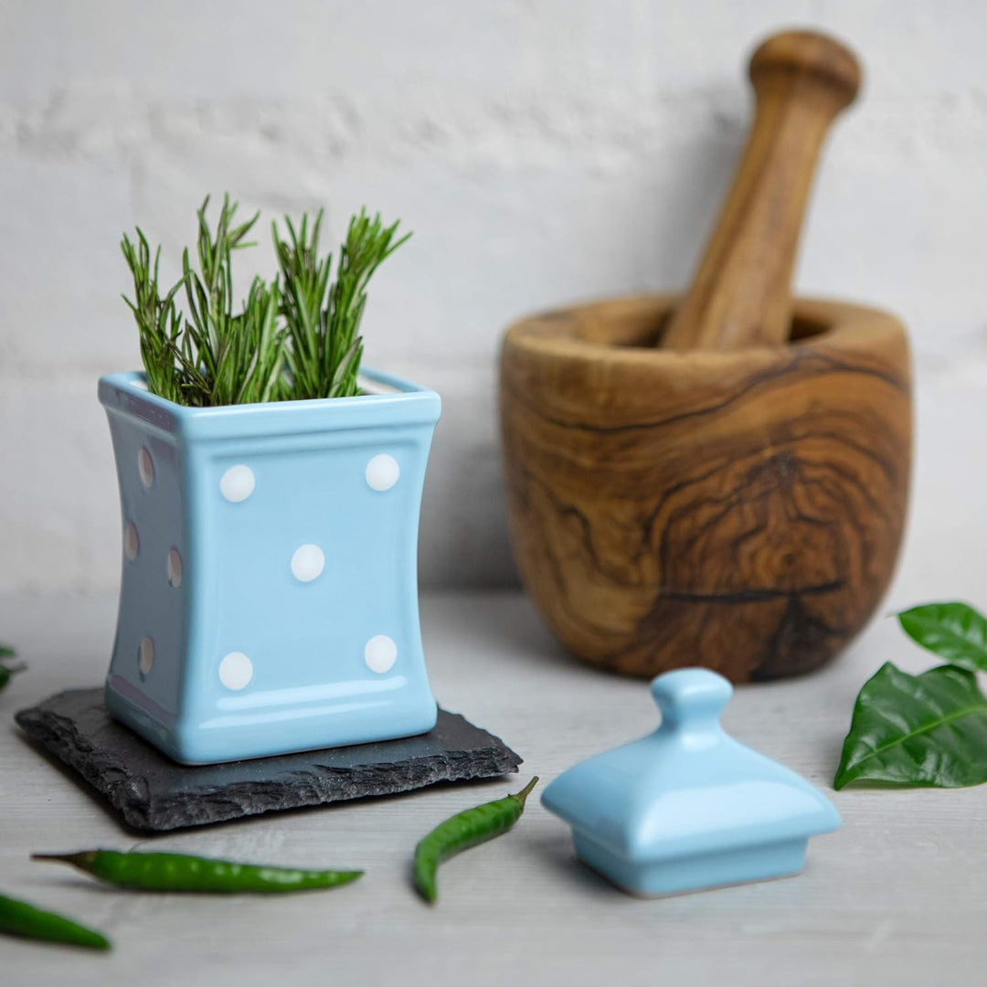 City to Cottage® - Keramik Behälter Küche 150 ml | Hellblau und Weiss | Polka Dots | Handgemacht | B