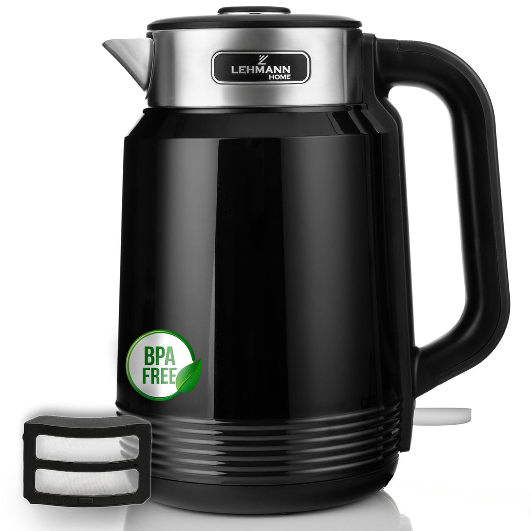 LEHMANN Elektrischer Wasserkocher Edelstahl 2L, 2200W, Schnelles Aufheizen, Doppelwand Design, Absch