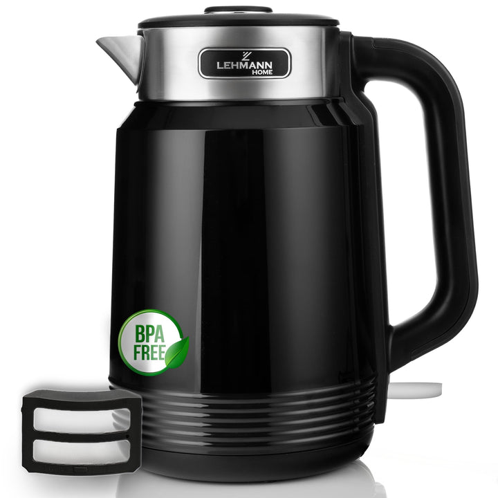 LEHMANN Elektrischer Wasserkocher Edelstahl 2L, 2200W, Schnelles Aufheizen, Doppelwand Design, Absch