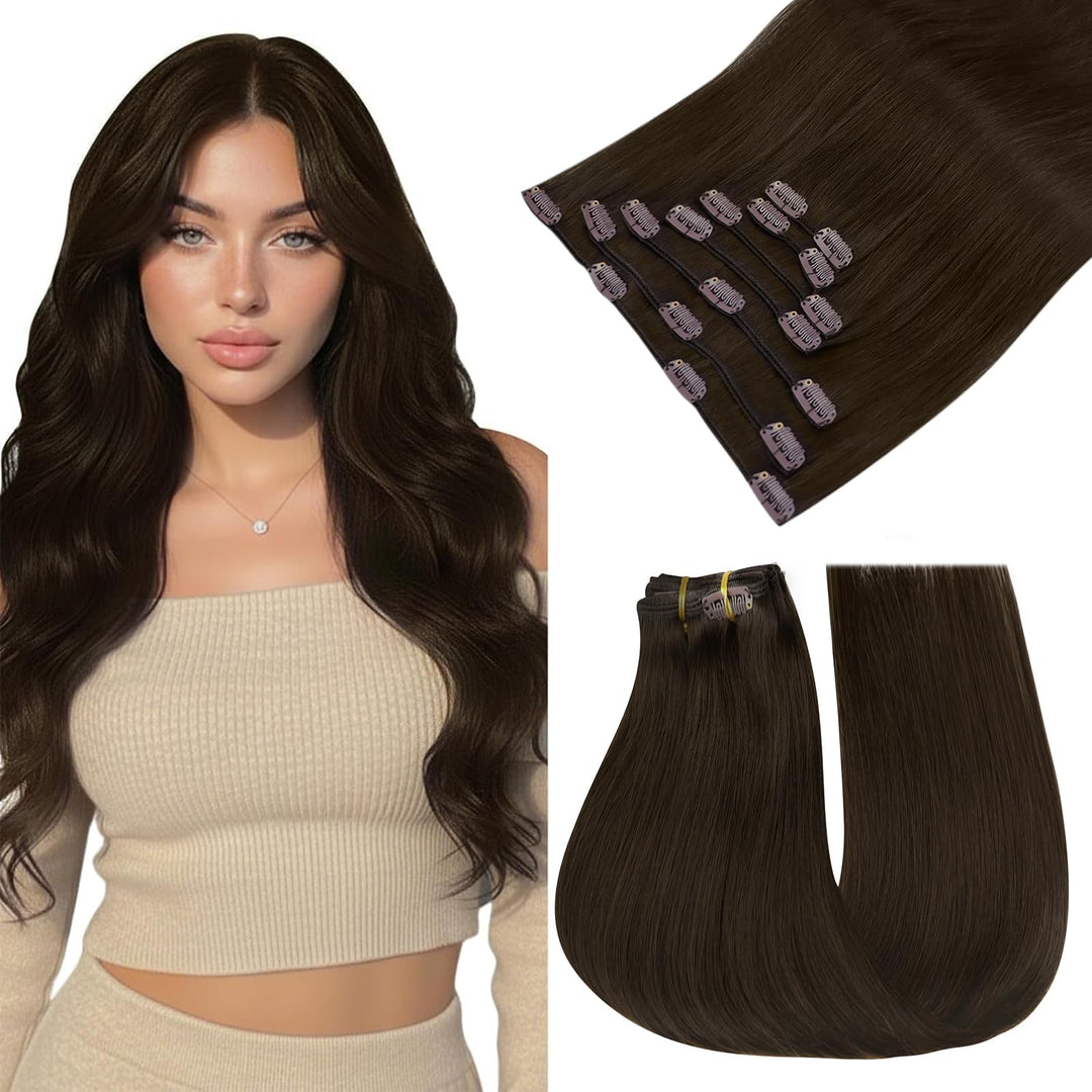 Easyouth Echthaar Clip in Extension Braun Clip in Extensions Echthaar Dunkelbraun Clips Extension Ha