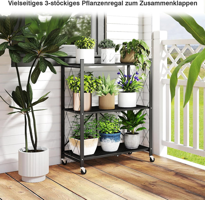 ALANNG Blumenständer mit Rädern, 3 Ablagen Stabiler Pflanzenständer, Metall Pflanzenregal Indoor Ein