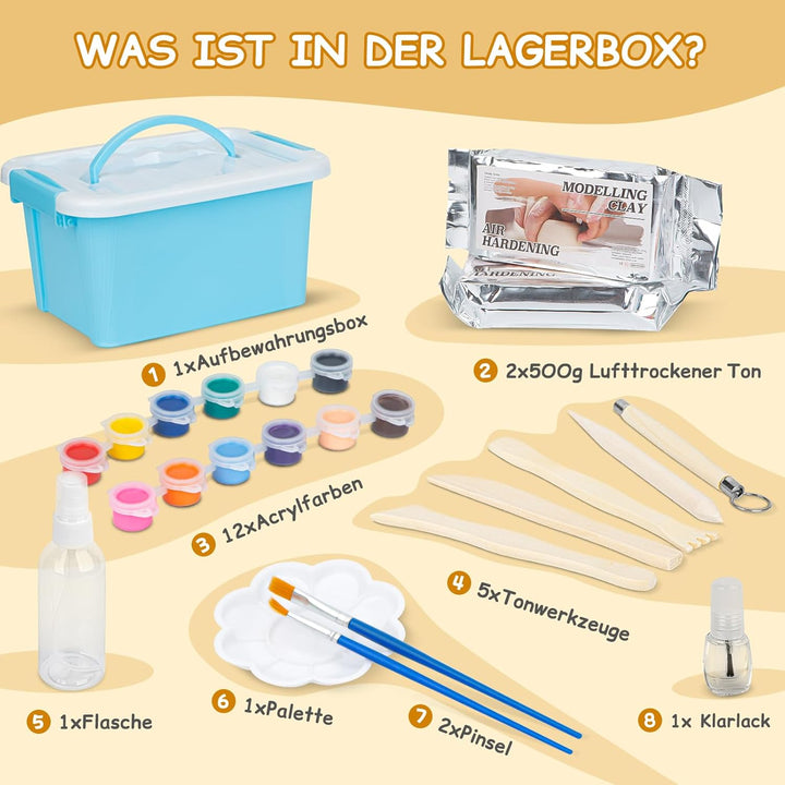 TOMMYHOME Ton Lufttrocknend für Anfänger,DIY-Set zum Töpfern für Kinder,Töpfer Set für Zuhause mit W