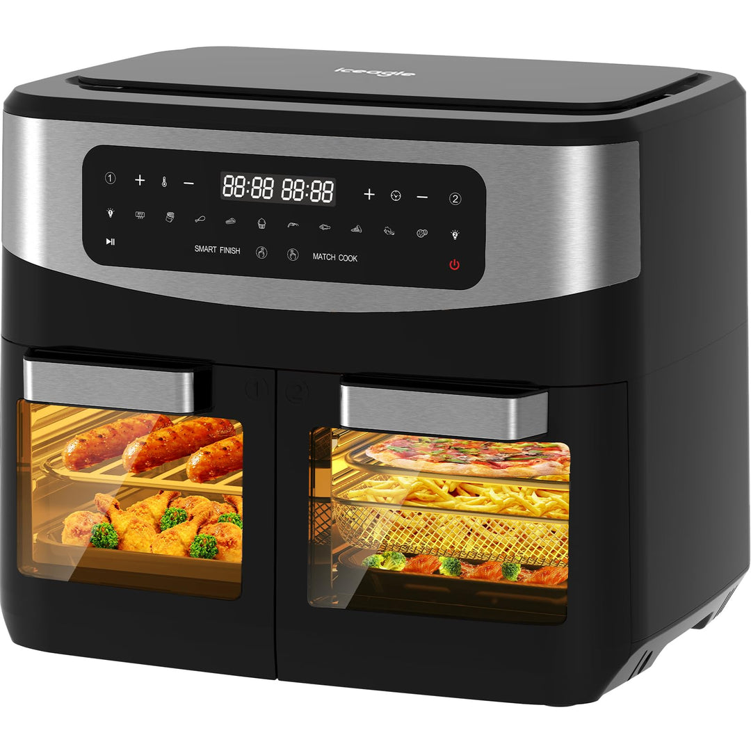 Iceagle Heissluftfritteuse 2 kammern Airfryer 12L - 2600W Heissluftfriteuse XXL mit Sichtfenster | F
