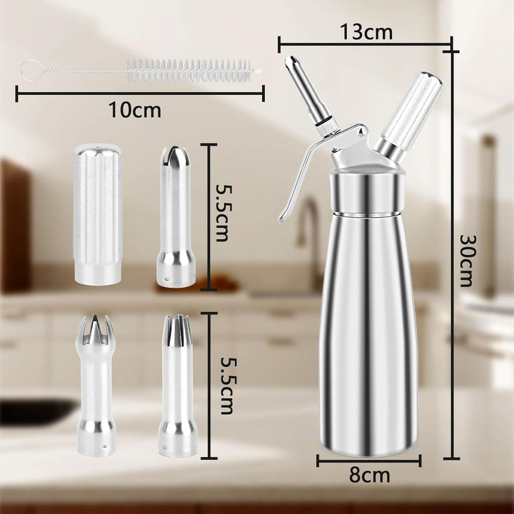 talifoca 500ml Sahnespender, Sahnespender aus Aluminium, Sahnesyphon Aluminium mit 3 Edelstahl Deko-