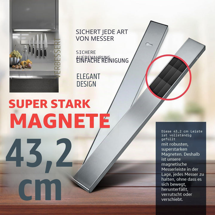 Premium 43cm Magnetleiste Messer für Wand - Extra Starker Messerhalter Magnetisch - Platzsparende Me