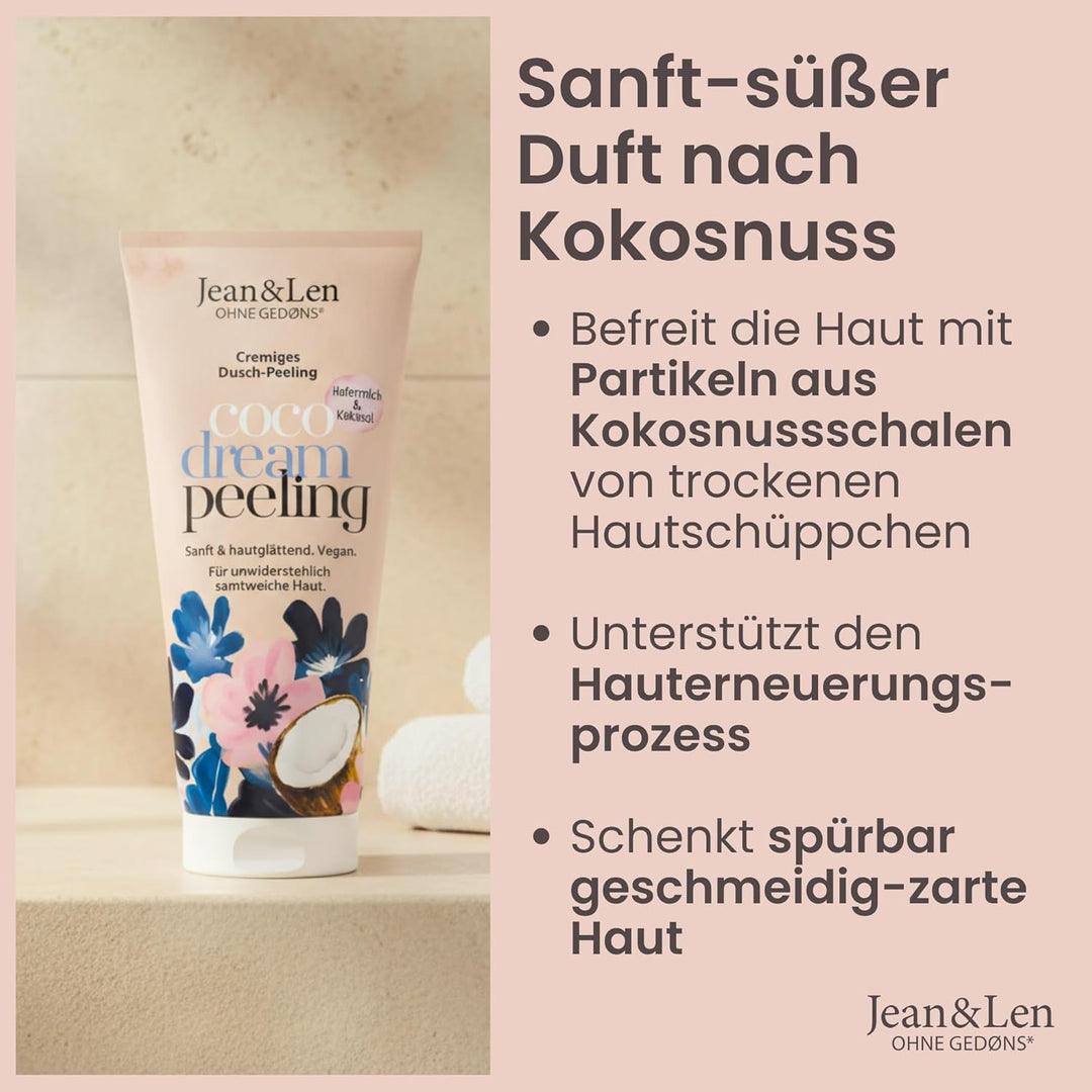 Jean & Len Duschpeeling Hafermilch & Kokos, mit Peeling-Partikel aus Kokosnussschalen, entfernt Haut
