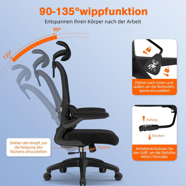 Bürostuhl, Bürostuhl Ergonomisch, Schreibtischstuhl mit 5D-Lendenwirbelstütze und Kopfstütze, 90° kl