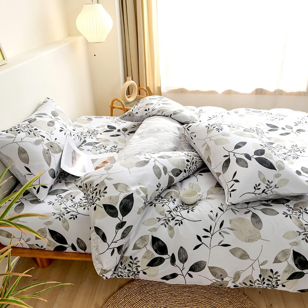 Damier Bettwäsche 200x200 Blätter Motiv Weiss Schwarz Bettbezug Set Kuschelig Weich Mikrofaser Bettw