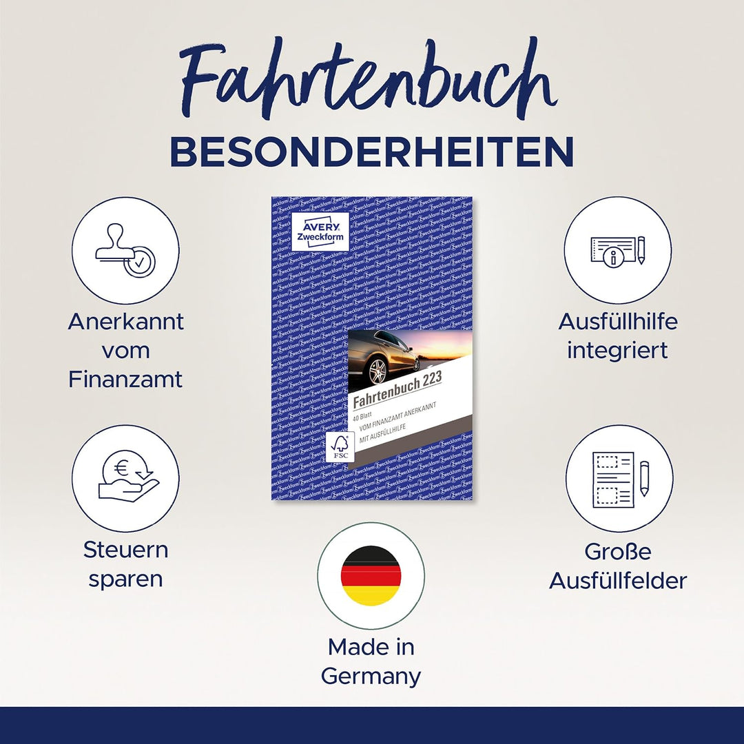 AVERY Zweckform 223-5 Fahrtenbuch (für PKW, vom Finanzamt anerkannt, A5, 80 Seiten|858 Fahrten, für