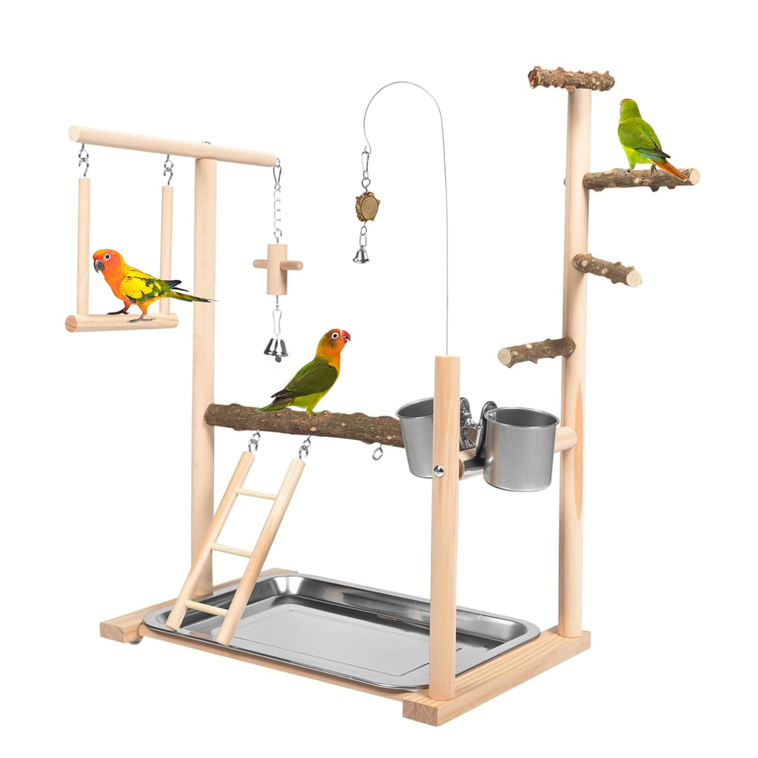Vogel Spielplatz, Holz Wellensittich Spielplatz mit Edelstahl Futterbehälter Papagei Vogelspielplatz