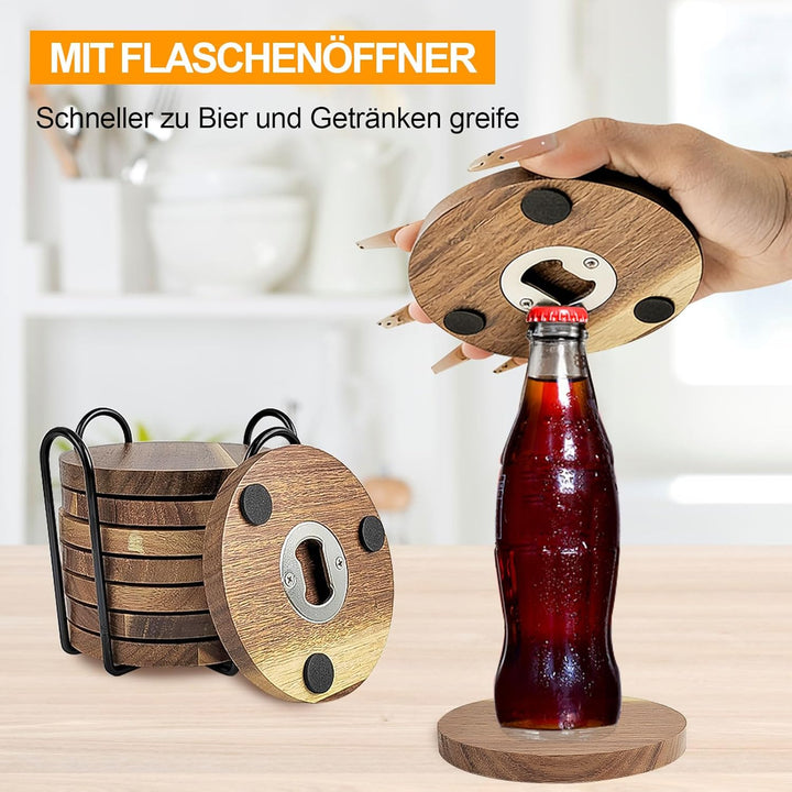 Untersetzer mit Flaschenöffner 8er Set Akazienholz Rund – Multifunktional Holz Untersetzer für Geträ