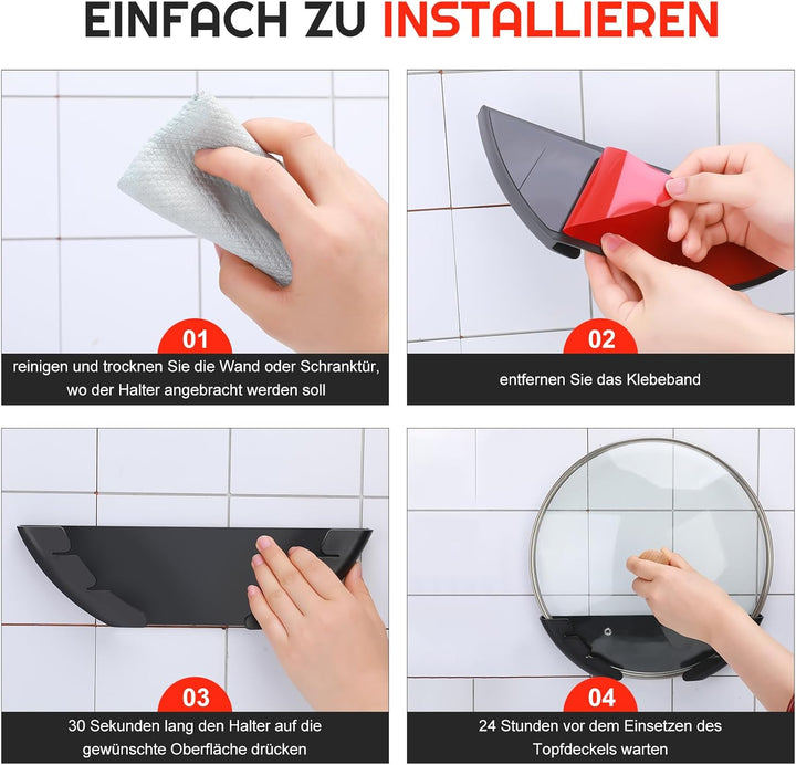 4er Pack Topfdeckelhalter Wand Set, Kunststoff Topf Abdeckung Halterung, Passend für 15-32 cm Grosse